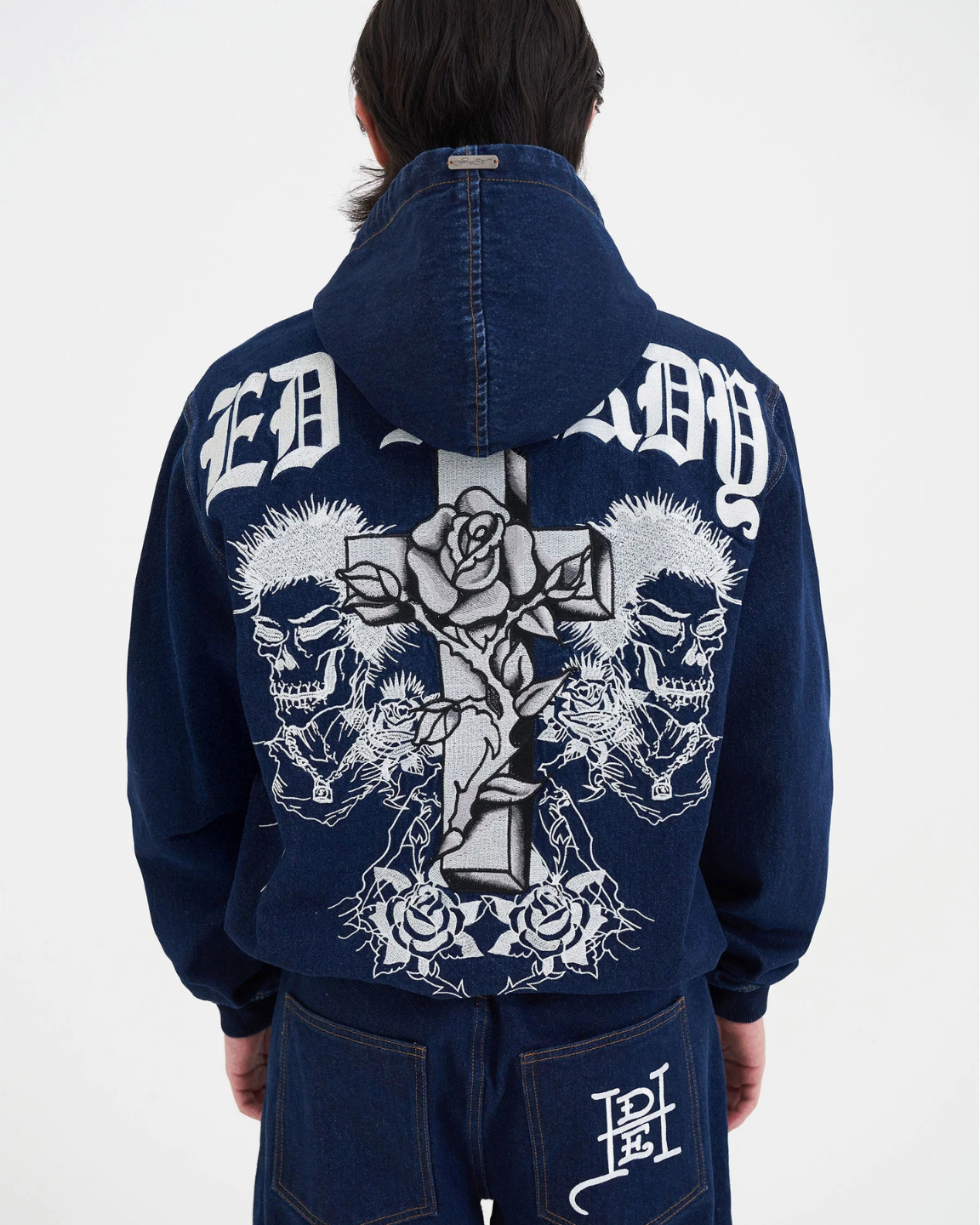 Flaming Cross Denim Zip Thru Hoodie