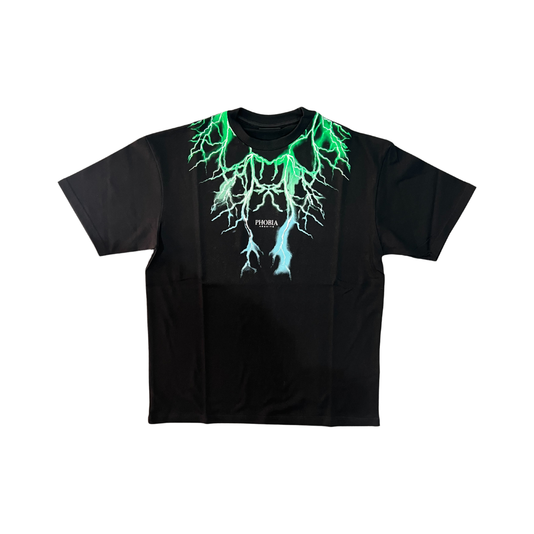 T-Shirt nera con fulmine bicolore verde e azzurro