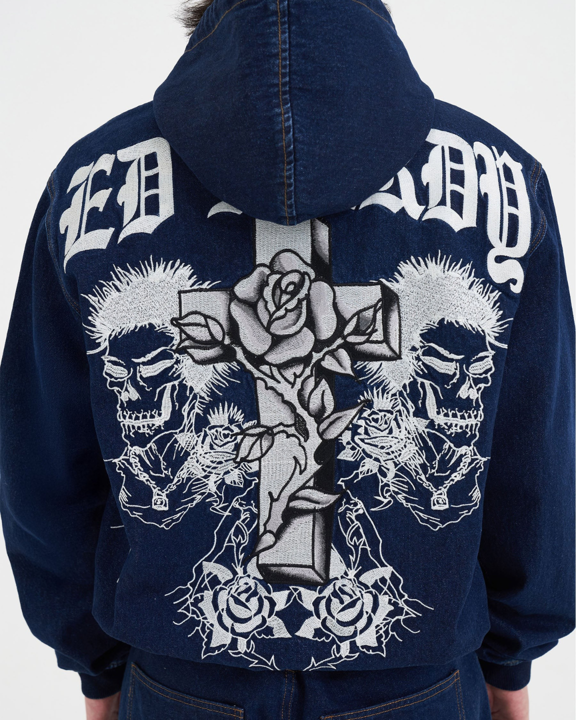 Flaming Cross Denim Zip Thru Hoodie