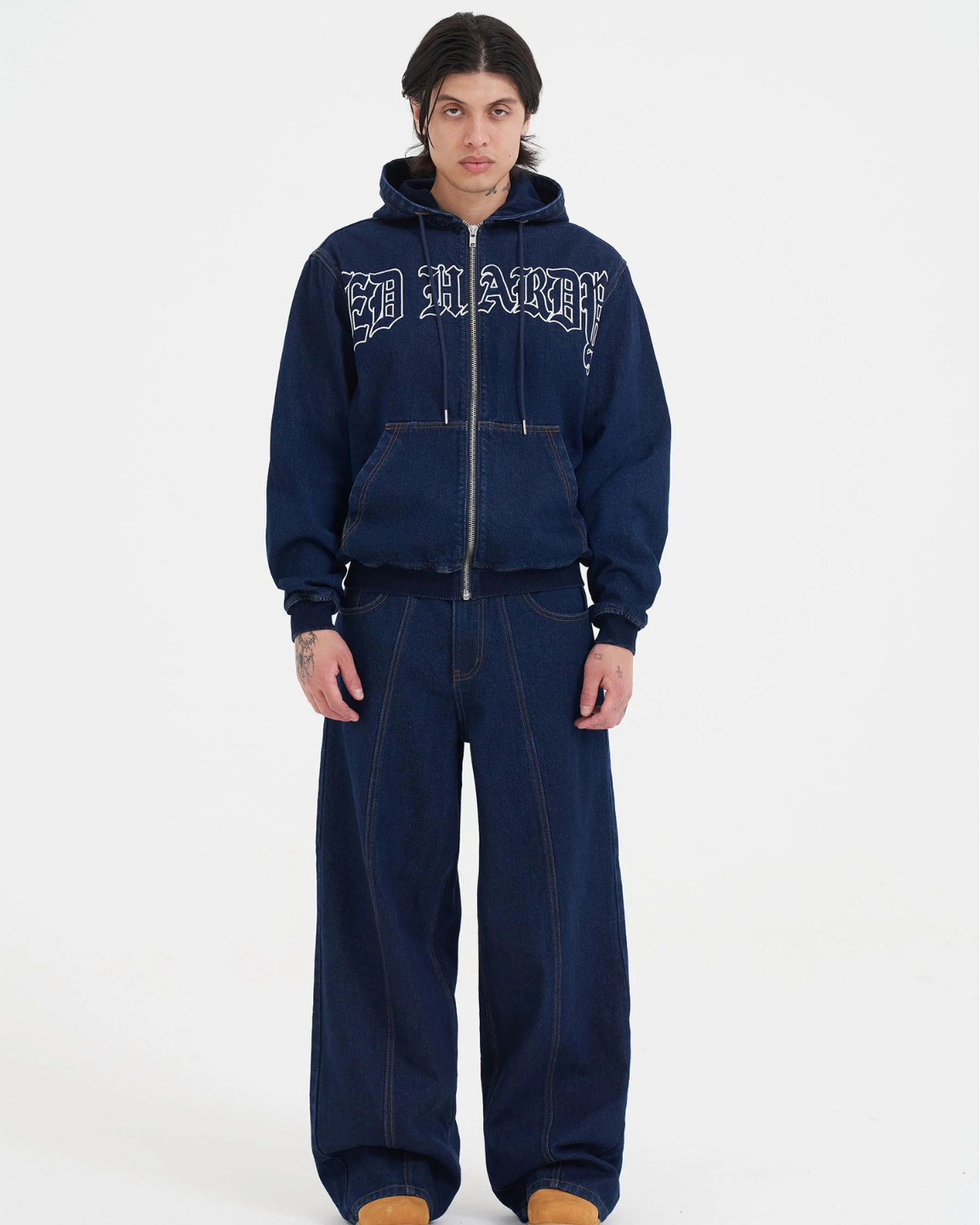 Flaming Cross Denim Zip Thru Hoodie