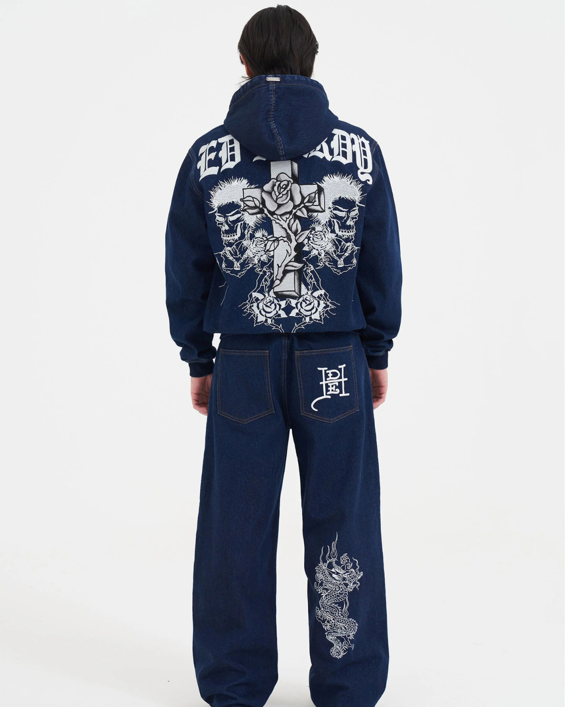 Flaming Cross Denim Zip Thru Hoodie